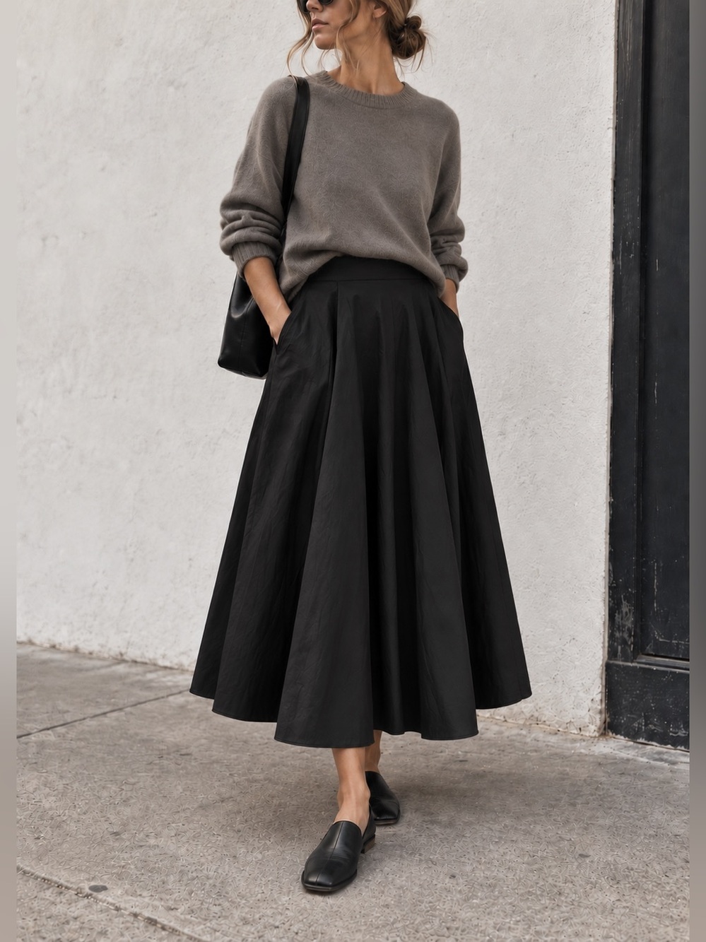 AIAYU Black Organic Cotton Bea Midi A-Line Skirt, Scandi Minimalist Capsule